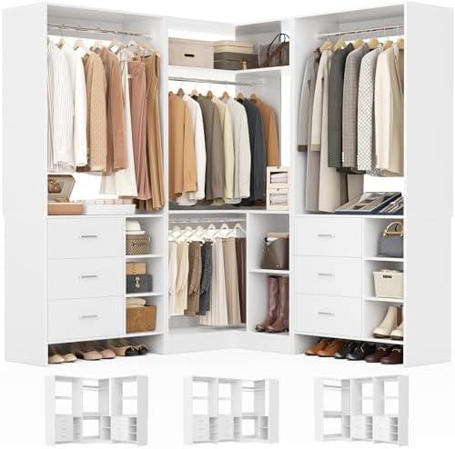 Aheaplus Closet System with 6 Drawers, 4 Hanging Rods & Corner Tower, Corner Closet System with Hanging, 92.6" L-Shaped Walk-In Wardrobe Organizer, 2000+ lbs Capacity, Set of 3, White