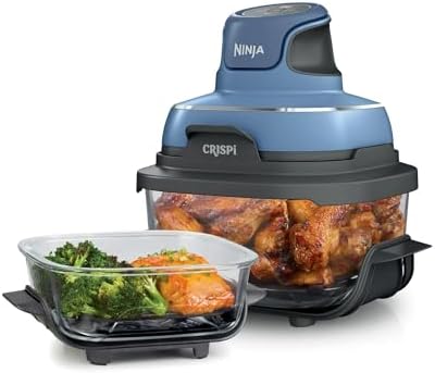 Ninja FN100ND Crispi Air Fryer, Microwave, Freezer & Dishwasher Safe, Non Toxic Glass Portable Cooking System, 4 QT & 5 Cup Glass Containers with Storage Lids, Easy Meals, Blue (Renewed)