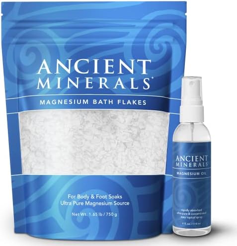 Ancient Minerals Magnesium Bath Flakes and Magnesium Oil Spray Bundle - Pure Genuine Zechstein Chloride