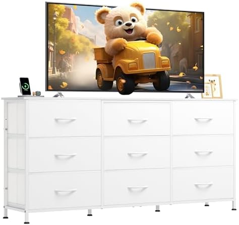 WLIVE 54''W Dresser for Bedroom, White Dresser TV Stand for 55, 60, 65 inch TV, Wide Chest of Drawers with 9 Drawer, Large Entertainment Center, Fabric Dressers with Wood Top for Closet, Living Room