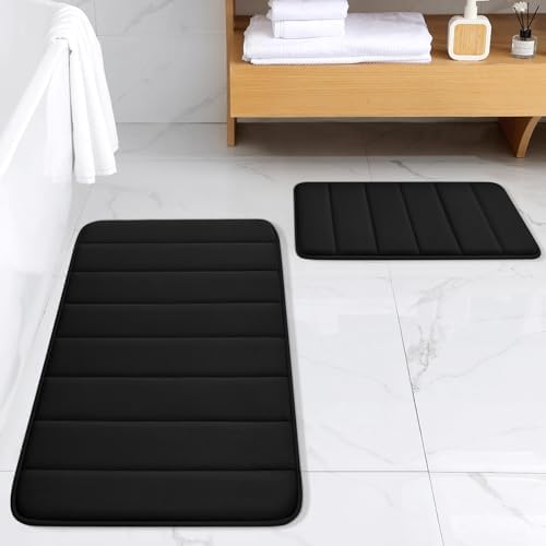 BYSURE Bathroom Rugs Sets 2 Piece, Memory Foam Non Slip Extra Soft Absorbent Machine Washable Toilet Bath Mats (Black, 17x24+20x32)