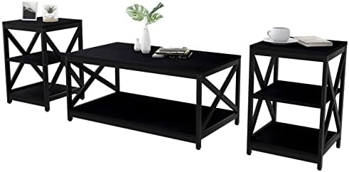 Bigbiglife Living Room Coffee Table Set of 3, Industrial X-Design Coffee Table and 2 End Side Tables, 3 Piece Living Room Table Set with Large Storage for Apartment Home (Black)