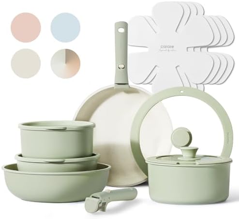 CAROTE Pots and Pans Set, Nonstick Cookware Set Detachable Handle, 15pcs Induction Kitchen Cookware Sets Non Stick with Removable Handle, RV Cookware Set, Oven Safe, Sage Green