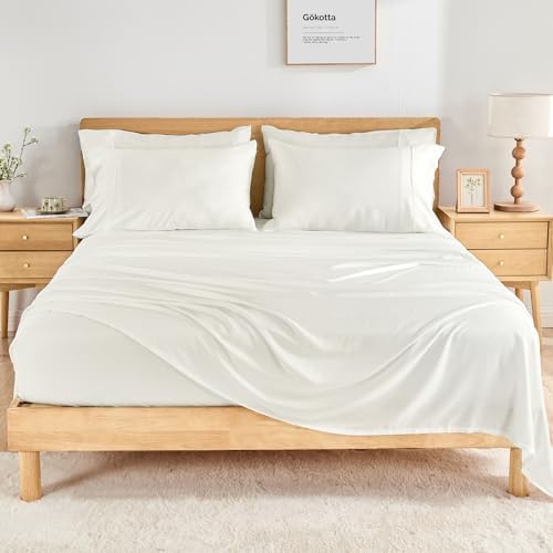 GOKOTTA King Size Bed Sheets 6 Piece Set, 100% Rayon Derived from Bamboo, Cooling for Hot Sleepers-Luxury Breathable Soft Sheets, Deep Pocket 16" Fitted Sheet with Elastic Corner Straps, Cream White