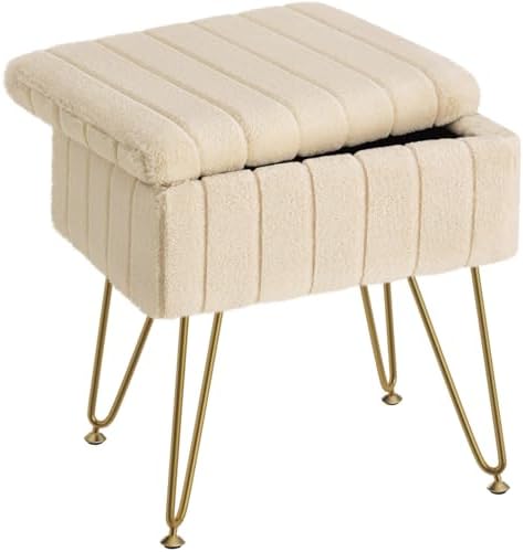 Greenstell Vanity Stool Chair Faux Fur with Storage, 15.7"L x 11.8"W x 19.4"H Soft Ottoman 4 Metal Legs with Anti-Slip Feet, Furry Padded Seat, Modern Multifunctional Chairs for Makeup, Bedroom,Camel