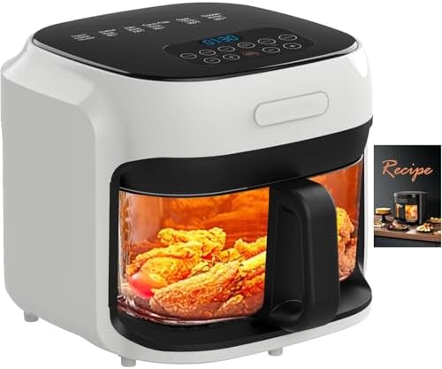 Glass Air Fryer, 7.6QT with Transparent Fry Bowl, Circulating Heating, Temperature Control, Air Fryer Roast, Dishwasher Safe (White)