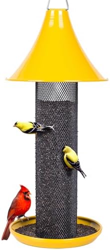 Kingsyard Thistle Bird Feeder for Outdoors Hanging, All Metal, Finch Mesh Tube Feeder with Weatherproof Roof & Seed Tray, 3 lbs Seed Capacity, Great for Attracting Wild Bird, Yellow