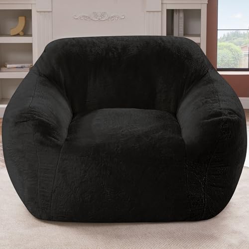 Giant Bean Bag Chair for Adults, Large Memory Foam BeanBag Chairs, Oversized Bean Bag Sofa with Filler, Faux Fur Big Reading Chair Comfy Floor Sofa Chair (Black)