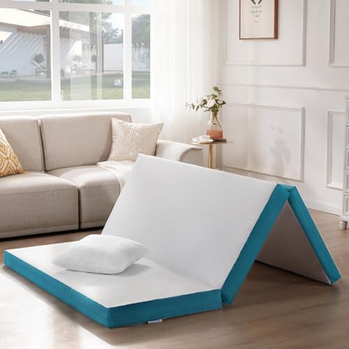 SINWEEK Memory Foam Folding Mattress, 4 Inch Foldable Trifold Mattress Topper, CertiPUR-US Certified Guest Bed with Cooling Cover & Waterproof Lining