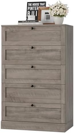 HOSTACK 5 Drawer Dresser for Bedroom, 43.7" Tall Dresser & Chest of Drawers, 29" W Drawer Chest with Metal Handles, Wood Vertical Storage Cabinet for Living Room, Hallway, Entryway, Ash Grey