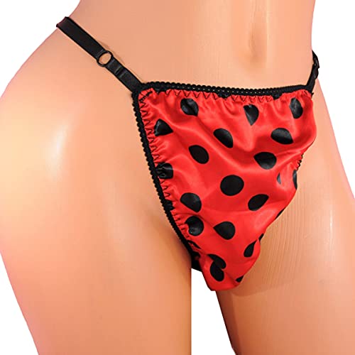 Ania's Poison Sissy Thong Panties Red and Black Polka Dot Satin Shiny Black Triangle T-thong Adjustable Men's Thong Panties