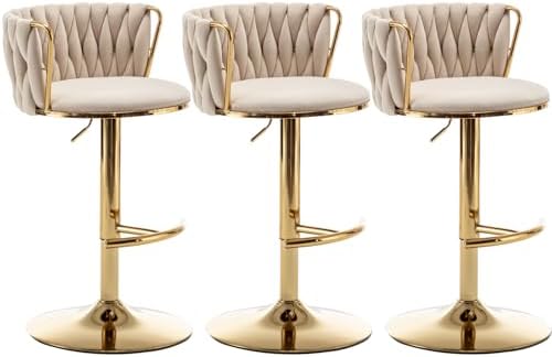 Velvet Bar Stools Set of 3, Counter Height Bar Chairs with Low Back, Gold Swivel Bar Stools for Kitchen Island, Pub (Beige)