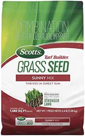 Scotts Turf Builder Grass Seed Sunny Mix with Fertilizer and Soil Improver, Thrives in Direct Sun, 2.4 lbs.
