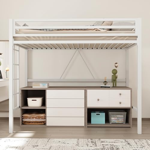 Allewie Metal Loft Bed Twin Size with Guardrail and Ladder, Small Space Saving Design for Bedroom Kid Room and Dorm, No Box Spring Needed, White