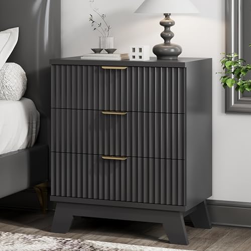 Fluted Nightstand, 24" Wide Side Table with 3 Large Storage Drawers, Mid Century Modern Wood Night Stand with Metal Handle, Wooden Bedside End Table for Bedroom, Living Room, Closet, Black