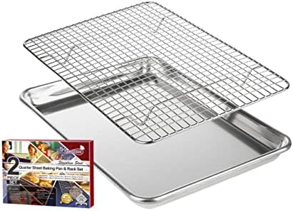 KITCHENATICS Small Quarter Sheet Baking Pan with Rack, Stainless Steel Baking Rack & Aluminum Cookie Sheet Baking Pan Toast Oven Tray w/Cooling Rack, 1/4 Sheet Pan & Wire Rack Set - 9.6" x 13" IN Pan