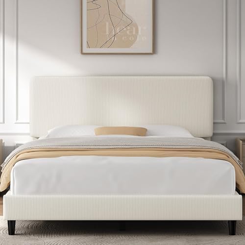 Yaheetech Queen Bed Frames with Adjustable Headboard, Chenille Fabric Upholstered Headboard/Platform Bed, Queen Size Bed Frame No Box Spring Needed/Wood Slats Support/Easy Assembly/Beige