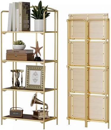 Crofy No Assembly Folding Bookshelf for Living Room, 4 Tier Gold Collapsible Book Shelf for Home Office, Portable Bookcase Storage Organizer