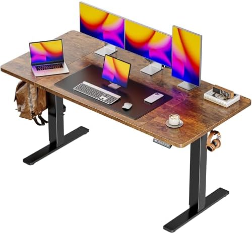 Huuger 55 x 28 Large Electric Standing Desk, Height Adjustable Computer Desk, 27.6" Deep Desktop, Stand up Gaming Office Desk with 2 Hooks, 3 Preset Heights, for Home Office, Rustic Brown