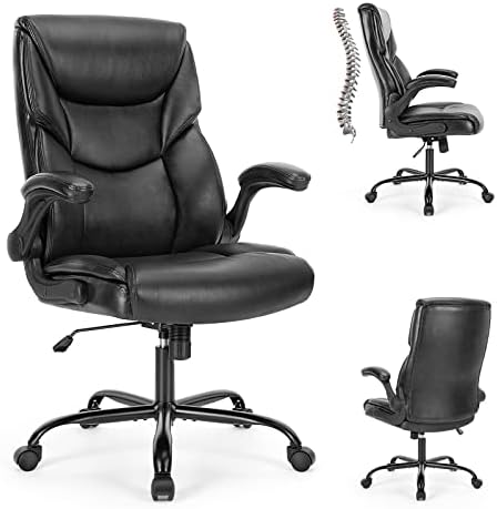 DUMOS Office Chair - Ergonomic Executive Computer Desk Chairs with Adjustable Flip-up Armrest, Swivel Task Chair with Lumbar Support, Strong Metal Base, PU Leather, Inky