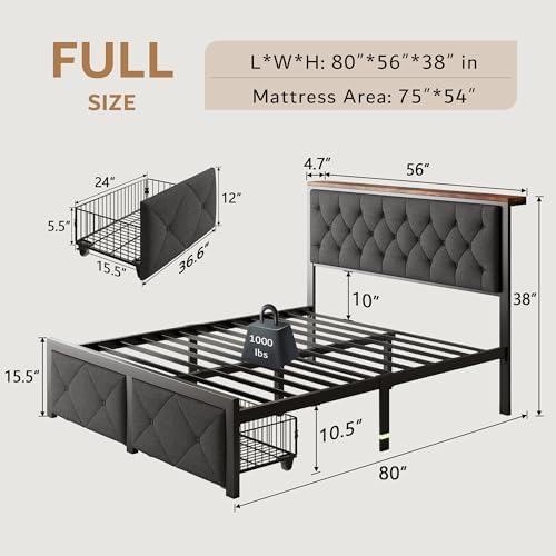 iPormis Full Bed Frame with 2 Storage Drawers, Linen Upholstered Headboard Platform Bed with Charging Station, No Box Spring Needed, Metal Slats Support, Noise-Free, Easy Assembly, Grey