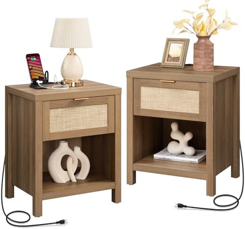 SICOTAS Nightstands Set of 2 with Charging Station Rattan Night Stand with Drawer Boho Bedside Table with USB and Type-C Ports Bed Side Tables for Bedroom Small Space, Oak