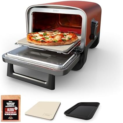 Ninja Woodfire Outdoor Pizza Oven, 8-in-1 Portable Electric Roaster Oven, Heats up to 700Β°F, 5 Artisan Pizza Settings, Integrated BBQ Smoker Box, Includes Flavored Wood Pellets, Terracotta Red
