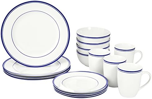 Amazon Basics 16-Piece Cafe Stripe Kitchen Dinnerware Set, Plates, Bowls, Mugs, Service for 4, Blue