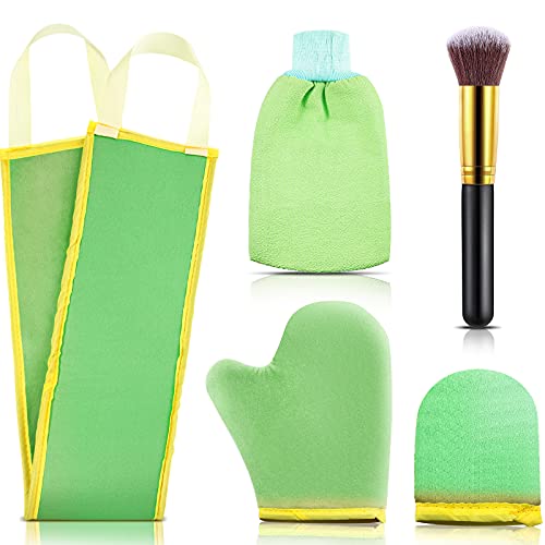 Boao 5 Pieces Self Tanning Mitt Applicator Kit, Includes Tanning Mitt, Exfoliating Glove, Mini Face Glove, Back Lotion Applicator, and Large Brush Makeup(Green)