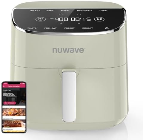 Nuwave Brio Plus Air Fryer 8 Qt, New & Improved, PFAS-FREE, 7 Digital One-Touch Cook Functions that AIR FRY, BAKE, ROAST, DEHYDRATE, TOAST, REHEAT, PREHEAT, 150 Presets, 50°F~400°F (Cream)