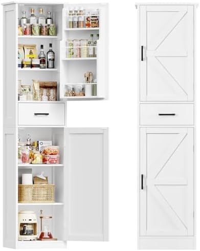TEENFON Tall Storage Cabinet with 3 Door Shelves & 1 Drawer, Narrow Kitchen Pantry Cabinet for Living Room, Bathroom, Entryway, White