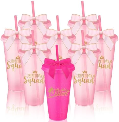 8 Set Birthday Party Glitter Tumblers 24 oz Birthday Squad Birthday Queen Plastic Tumblers with Lid Straw and Twist Bow for Birthday Decorations Party Favor for Women (Rose Red,Pink)