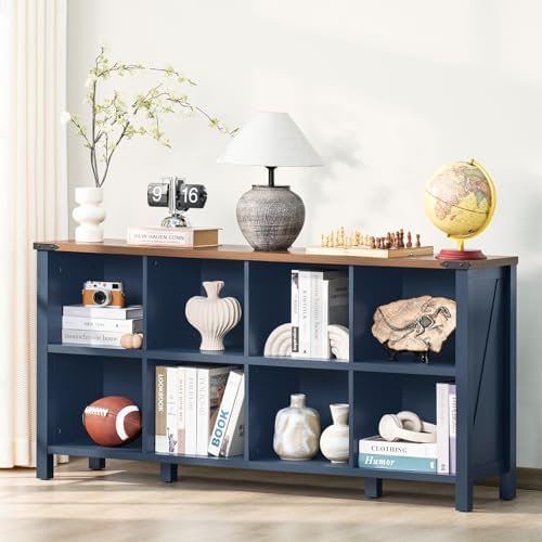 8 Cube Book Shelf, Farmhouse Wood Long Storage Organizer Bookcase, 62" Horizontal Navy Blue Console Closet Bookshelf, Hallway TV Stand for Entryway, Display Cabinet Book Case for Living Room