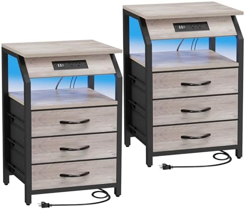 Night Stand Set of 2, Nightstands with Charger Station and LED Lights, End Tables Set with 3 Fabric Drawers, Storage Side Tables for Bedside, Living Room, Greige