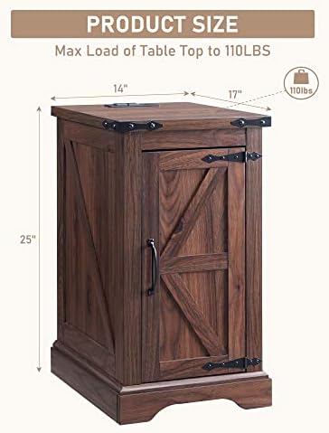 JXQTLINGMU Nightstand with Charging Station, Rectangular Farmhouse End Table with Barn Door and Adjustable Storage Shelf, 17" Deep Wood Rustic Sofa Side Table for Living Room, Bedroom, Brown