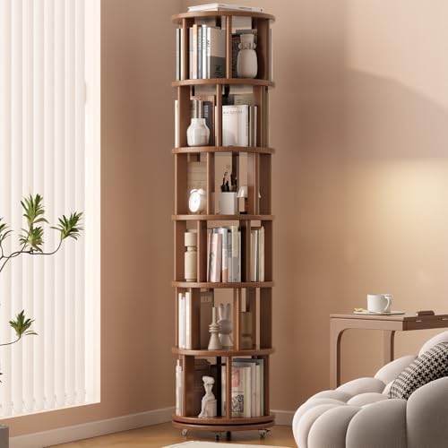 Solid Wood Rotating Bookshelf on Wheels, 6 Tier, Round Revolving Bookcase, 360° Spinning Book Shelf Tower for Kids, Narrow Rolling Bookshelves for Small Space, Corner, Bedroom, Office, Walnut
