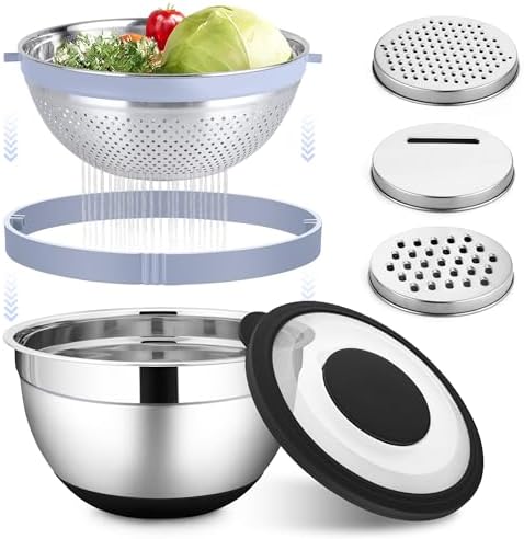 HaWare Mixing Bowl with Colander, 4-1 Stainless Steel Bowl Set with Lids & 3 Pcs Nesting Graters, Rotatable Food Strainer for Rinsing Fruits Vegetables, Non-Slip Bottom, Black