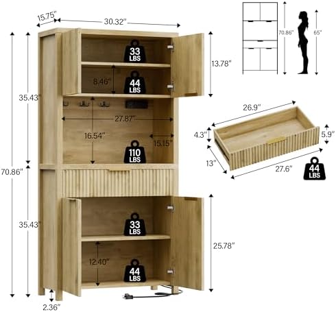 Lulive 71" Fluted Pantry Cabinet with Charging Station & Adjustable Shelves, Spacious Kitchen Storage Cabinet with Open Countertop & Drawer for Dining Room, Living Room, Natrual
