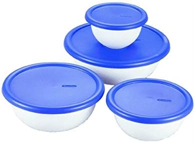 Sterilite plastic 8 Piece Covered Set Bowl, Multisize, White & Blue,2.5 liters