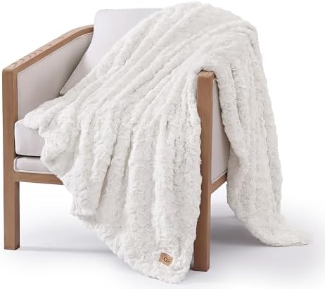 UGG Adalee Faux Fur Throw Blanket Luxury Lightweight Cozy Soft Throw for Couch Bed or Chair Hypoallergenic Machine Washable Double-Sided Fluffy Blanket Home Decor, 50-inch x 70-inch, Natural White