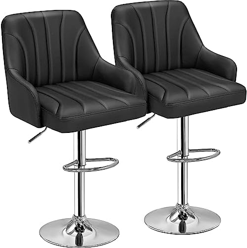 VECELO Bar Stools Set of 2, Adjustable Barstools, Counter Height Stools with Back and Arm, Kitchen Island Stools, Swivel PU Chairs for Pub, Dining Room, Modern Style, Black