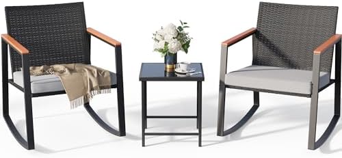 Gizoon 3 Pieces Rocking Patio Bistro Set with Anti-Scald Armrest, Outdoor Patio Wicker Furniture Set with Glass Table and Cushion for Garden, Yard, Porch