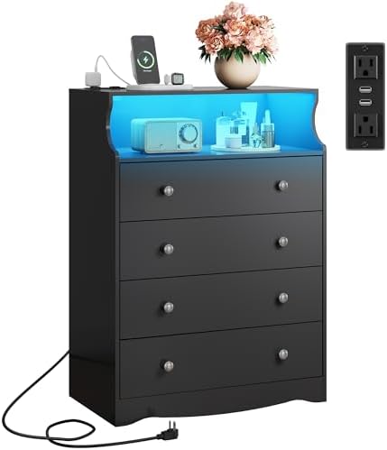 WLIVE Black LED Dresser for Bedroom, Tall Wood Dresser with 4 Drawers and Open Shelf, Chest of Drawers with Charging Station and LED Lights for Living Room, Hallway, Closet