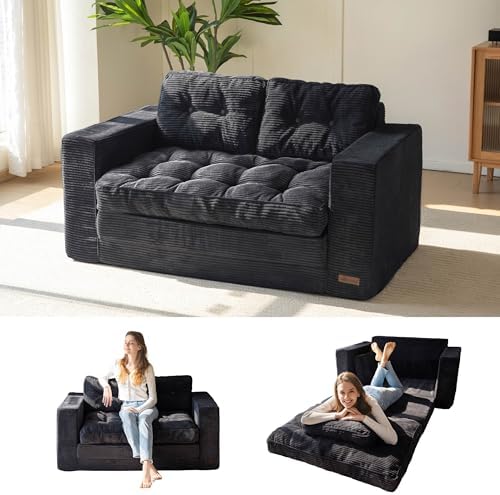 MAXYOYO Convertible Sofa Bed, Pull Out Loveseat Sleeper Sofa, 2 in 1 Folding Couch Bed, Fold Out Floor Couch with Pillows for Living Room Bedroom Lounge, Black