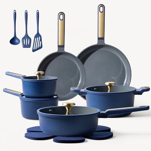 CAROTE Ceramic Cookwar Set, Pots and Pan Set Non Stick 18 Piece, Cookware Set Kitchen Cooking Set Non Toxic, PFAS PTFE Free