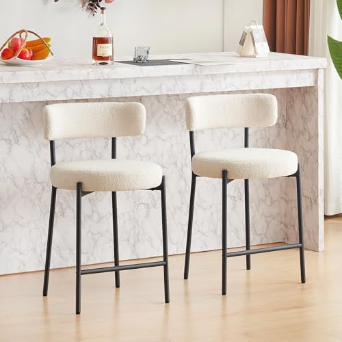 Furnilivng 24'' Bar Stools Set of 2, Modern Boucle Counter Height Bar Stools with Curved Back and Black Metal Frame, Upholstered Kitchen Stools, Barstools for Kitchen Island, Bar, White