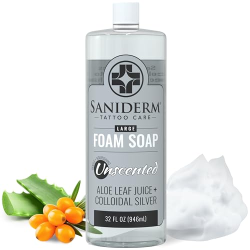 Saniderm Foaming Tattoo Soap (32oz Shop Size) – Gentle Soap for Tattooed Skin, Infused with Antimicrobial Colloidal Silver, Aloe Vera, and Nourishing Sea Buckthorn Oil