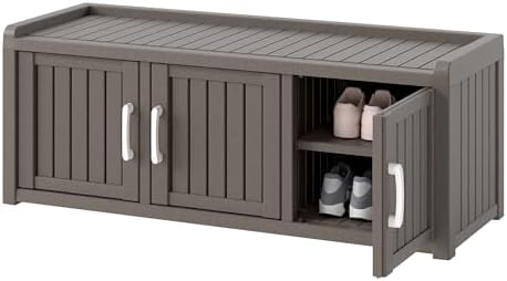 KAMABOKO Shoe Storage Cabinet Waterproof UV-Resistant, Entryway Storage Bench Indoor Outdoor with 3 Barn Doors, Adjustable Shelves for Entryway, Bedroom, Hallway,Living Room(Grey)