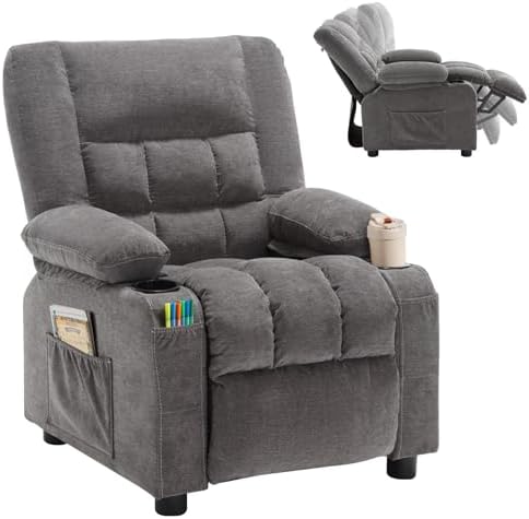 BOSMILLER Kids Recliner Chair, Push Back Toddler Recliner with Cup Holders & Side Pockets, Adjustable Footrest & Headrest Kids Sofa for Boys Girls 3+ Age Group (Deep Grey)