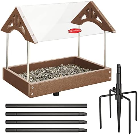 Kingsyard Adjustable Platform Bird Feeder for Outside, Recycled Plastic, Metal Mesh Tray Bird Feeder with Weather Protective Top, Attract Bluebirds Cardinals Goldfinches, Brown